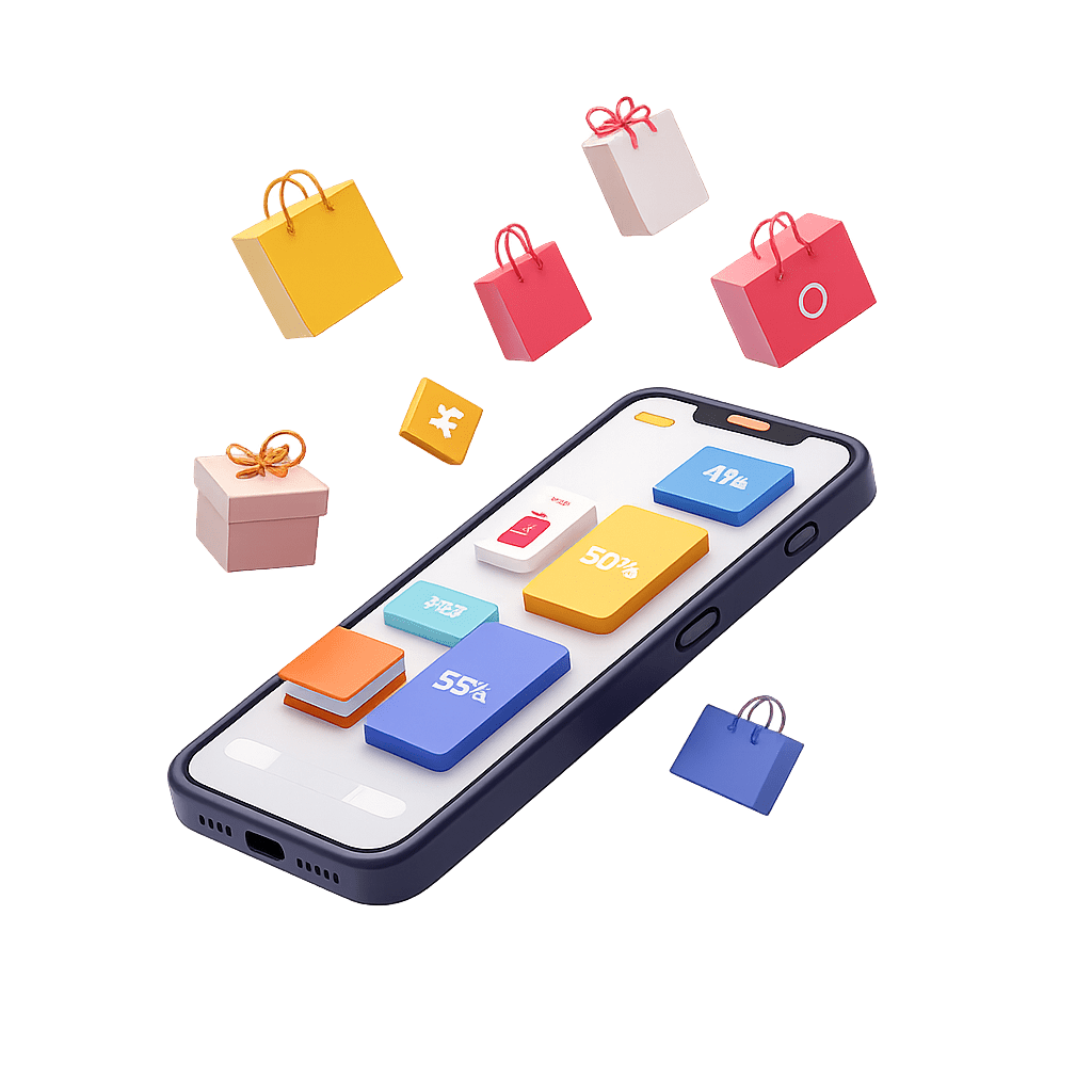 3D illustration of smartphone displaying Lycheee shopping app with colorful discount badges showing 41%, 50%, and 55% off, surrounded by floating gift boxes and shopping bags in pink, yellow, and blue colors